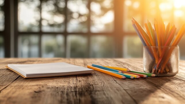 An aesthetically pleasing scene featuring a blank notepad and a jar of vibrant colored pencils on a rustic wooden table, perfect for inspiring creativity and artistic expression.