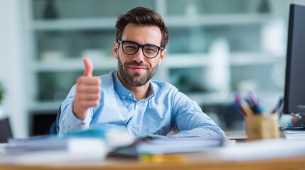Fototapeta premium A smiling man showing a thumbs up gesture in a modern office setting, conveying positivity and success.