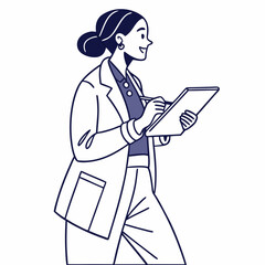 Woman in lab coat writing on clipboard smiling happy