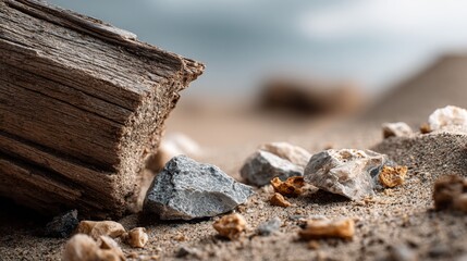 Fototapeta premium Close-Up of Weathered Wood and Stones on Sand