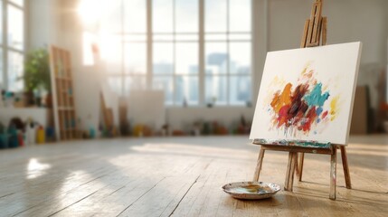 A vibrant abstract painting displaying vivid colors sits on an easel in a bright artist studio with large windows, illuminated by warm natural sunlight pouring through.