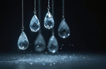 Teardrop-shaped crystal pendants hanging against dark background, reflecting light. Clear surfaces create dazzling display of sparkle. Modern home decor, interior design, luxurious jewellery.