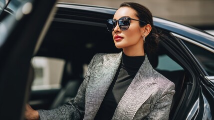 A stylish woman wearing sunglasses, exiting a luxury car, showcasing modern elegance and confidence.