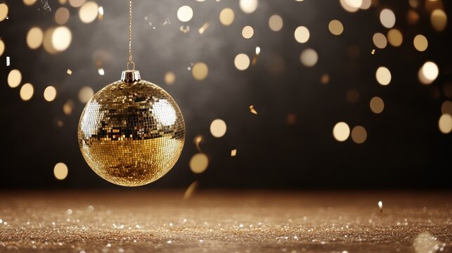 A sparkling disco ball hangs in the air, reflecting scattered lights, creating an energetic and festive atmosphere. This timeless image evokes feelings of excitement and celebration. - Powered by Adobe