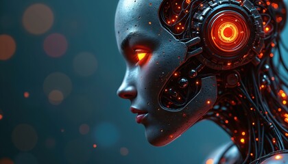 Close-up robot face with glowing eye, detailed cybernetic design. Artificial intelligence, futuristic tech concept. Sci-fi theme, technology background, perfect for digital artwork, tech articles.