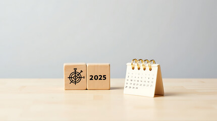 2025 Calendar and Compass Blocks on Wooden Desk.