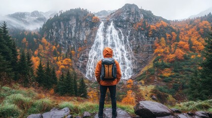 Hikers gaze at autumn waterfall amidst misty mountains