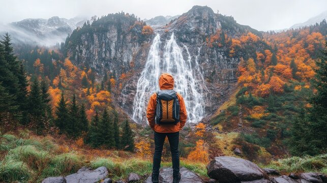 Hikers gaze at autumn waterfall amidst misty mountains
