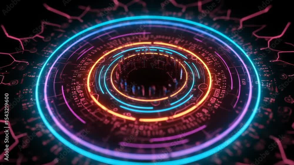 Poster circular technology pattern animation with glowing lights and circuit design