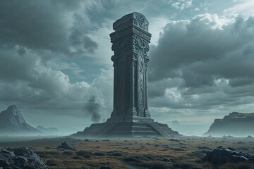 Majestic Ornate Monolith Surrounded by Mysterious Landscape Overview
