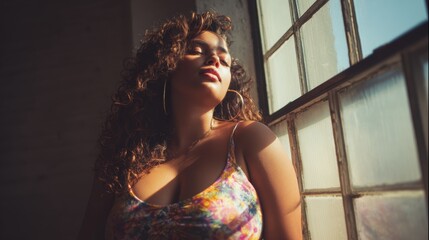 Fototapeta premium A woman basking in sunlight by the window, embracing natural light and serenity in a vibrant atmosphere.