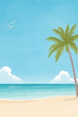 Obraz premium Bali Beach Escape, minimalist retro poster featuring serene shoreline, swaying palm trees, tranquil waters, soft pastel colors, nostalgic getaway atmosphere