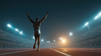 A victorious athlete celebrates triumph on an illuminated track, showcasing determination and strength.