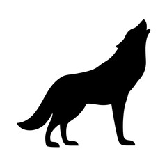 Silhouette of a howling wolf standing against a plain white background