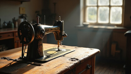 Fototapeta premium Vintage sewing machine on aged wooden table in attic room. Sunlight streams through window, illuminating old tailor tool. Antique detail, workshop atmosphere, nostalgic craft vintage objects.