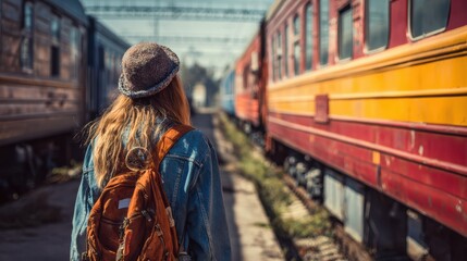 Naklejka premium A young traveler with a backpack stands at a colorful train station, ready for adventure and exploration.