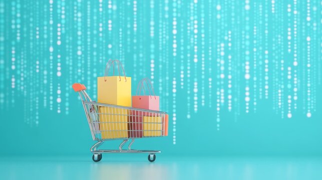 Colorful Shopping Cart with Bright Boxes and Bags Surrounded by Glowing Digital Binary Code Background