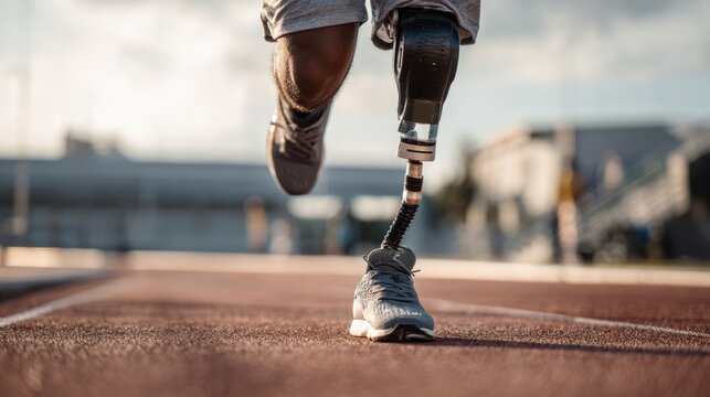 An athlete with a prosthetic leg runs on a track, embodying resilience and determination against all odds. - Powered by Adobe