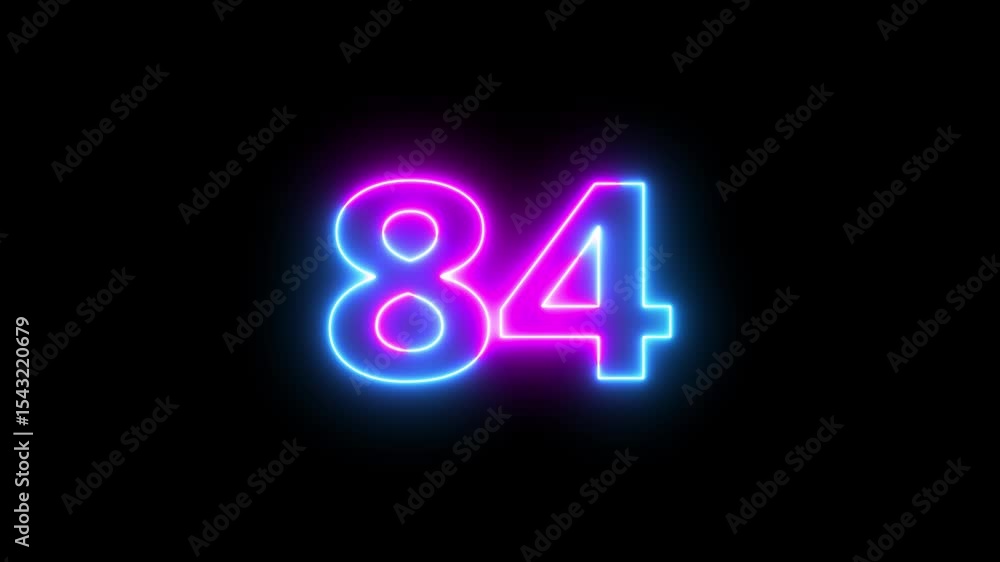 Poster abstract glowing neon text 84 number countdown icon. glowing blue neon countdown timer number video 