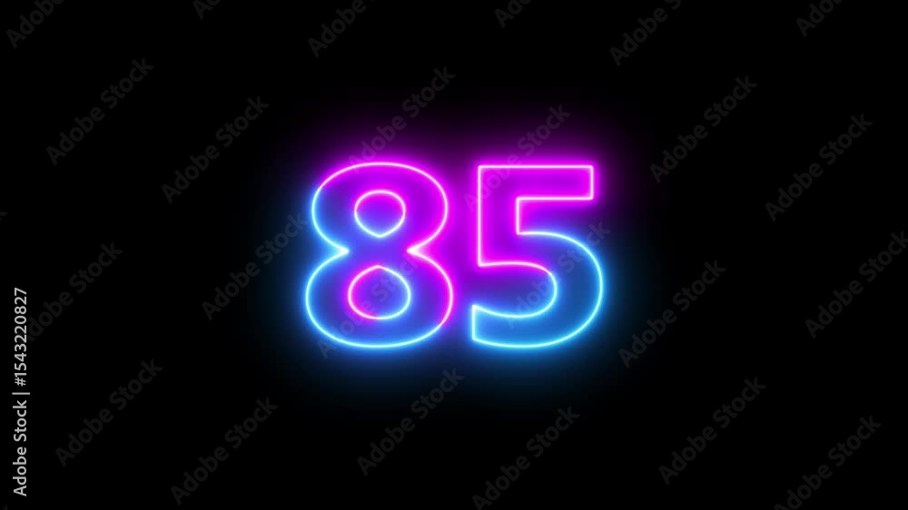 Poster abstract glowing neon text 85 number countdown icon. glowing blue neon countdown timer number video 