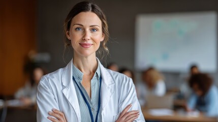 Confident female doctor standing with arms crossed, showcasing professionalism in a medical training environment.