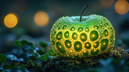 Illuminated green  resting on mossy ground.