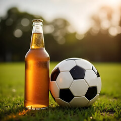 The Perfect Post-Game Refreshment with a Soccer Ball on a Sunlit Pitch.
