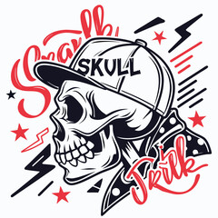 Skull wearing a baseball cap with tribal style graphics