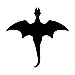 Monochromatic silhouette of a dragon with large wings on a white background