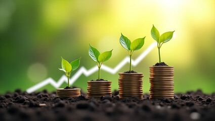 Growth of Green Plants on Stacked Coins with Financial Chart.