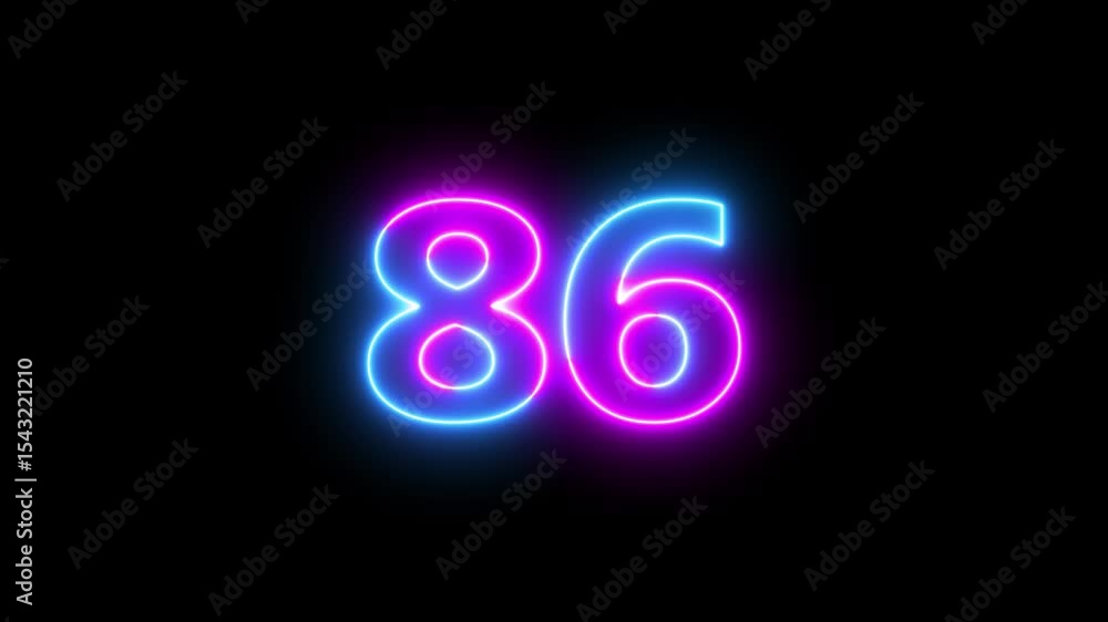 Poster abstract glowing neon text 86 number countdown icon. glowing blue neon countdown timer number video 