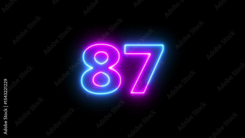 Poster abstract glowing neon text 87 number countdown icon. glowing blue neon countdown timer number video 