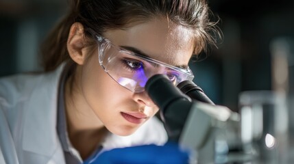Focused female scientist examining samples through microscope in modern laboratory environment.