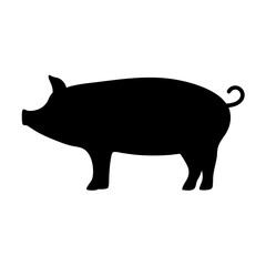 A simple black silhouette of a pig on a stark white background