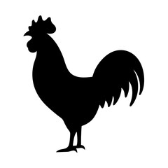 Dramatic black silhouette of a majestic rooster standing on a white background