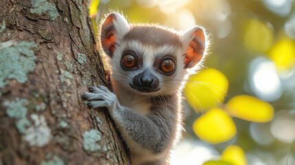 lemur on mossy tree trunk in tropical forest