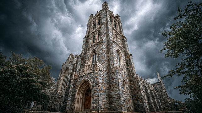 A stone church under a dramatic and cloudy sky at daytime.