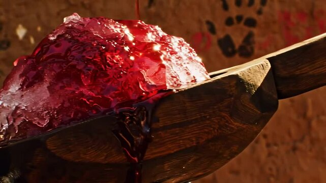 chuski - A vibrant red jelly-like substance oozes from a rustic wooden scoop against a textured brown wall, evoking a sense of indulgence and creativity