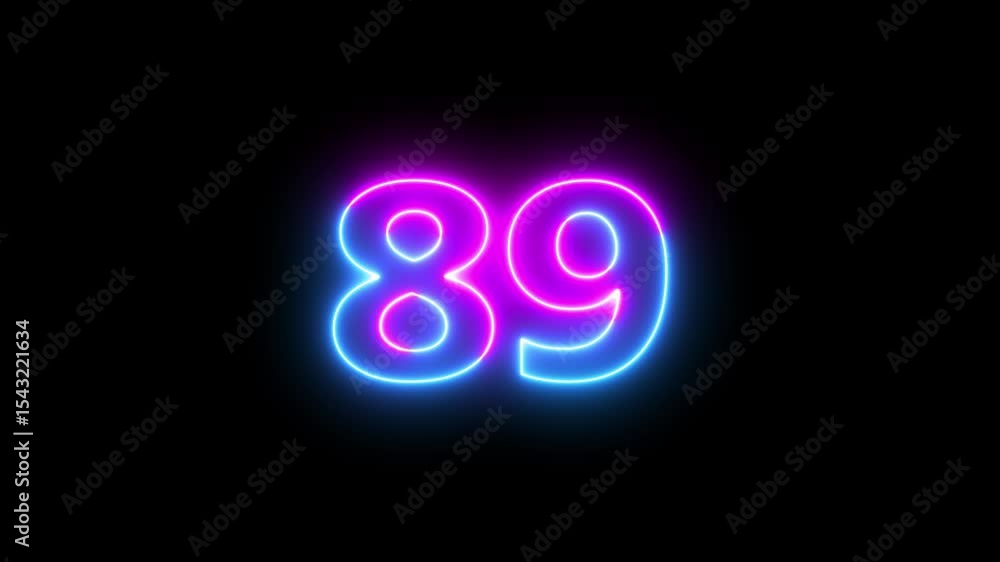Poster abstract glowing neon text 89 number countdown icon. glowing blue neon countdown timer number video 