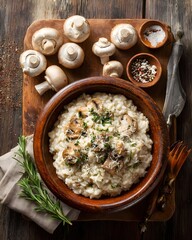 Creamy mushroom risotto served in a rustic bowl with fresh herbs on a wooden table