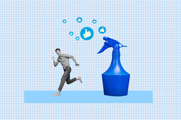 Sketch full image art collage of happy guy run spray house cleaning tool thumb up reaction social...