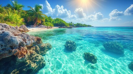 Fototapeta premium Idyllic tropical beach with crystal-clear turquoise water, white sand, palm trees, and rocky shoreline