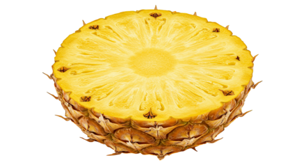 Close-up view of a freshly sliced pineapple on a solid black background