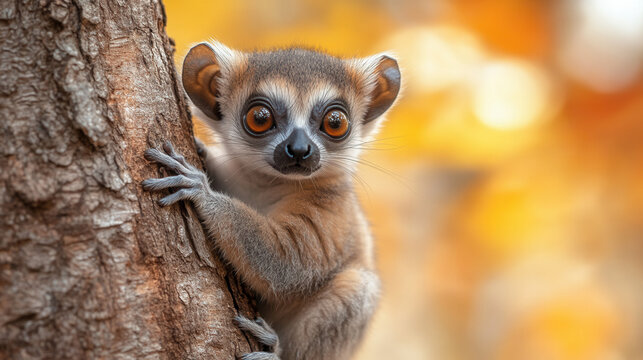 lemur on mossy tree trunk in tropical forest