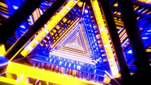 Motion graphic of flying into rotation triangle digital tunnel. 3D rendering
