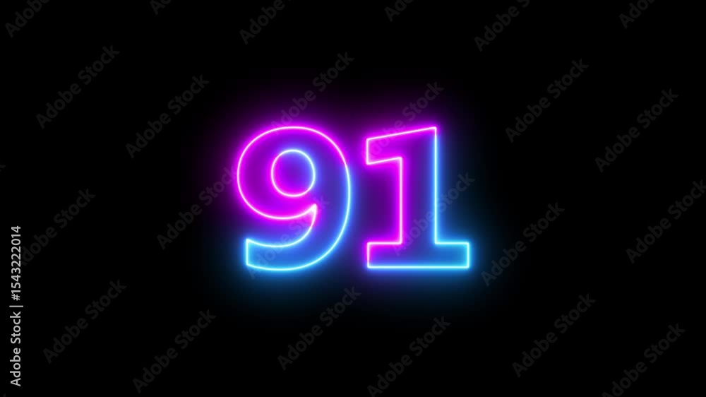 Poster abstract glowing neon text 91 number countdown icon. glowing blue neon countdown timer number video 