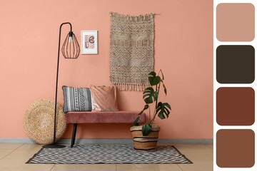 Floor lamp, bench and houseplant near coral wall in interior of room. Different color patterns