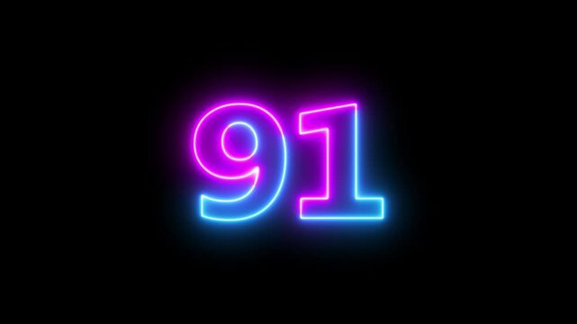 Abstract Glowing Neon Text 91 Number Countdown Icon. Glowing Blue Neon Countdown Timer Number Video 4K Animation.