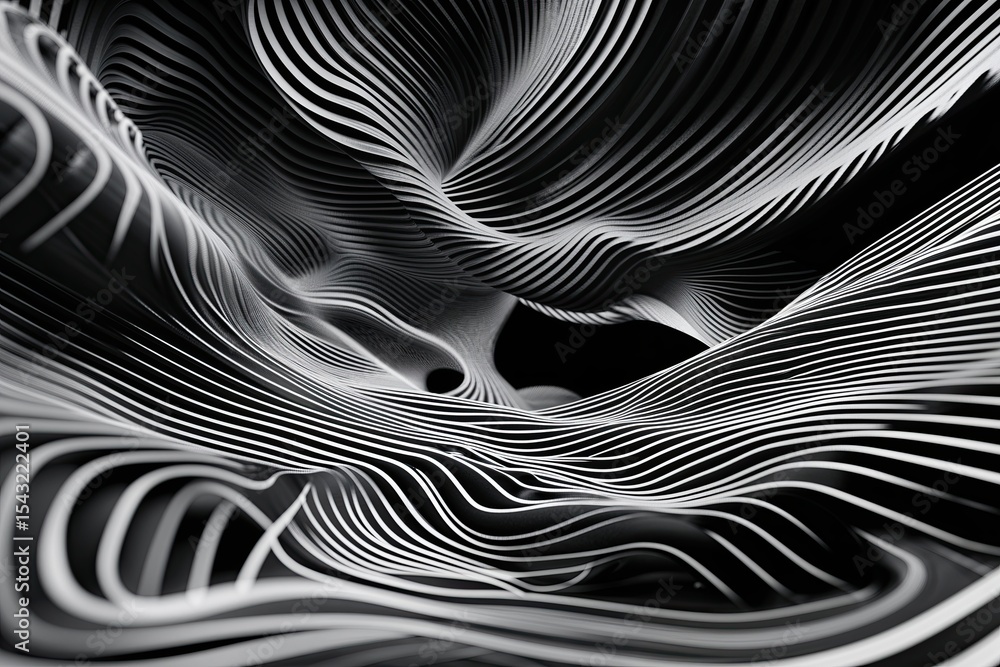 Poster mesmerizing cybernetic overlay featuring innovative 3d wavy lines in bold black and white tech visua