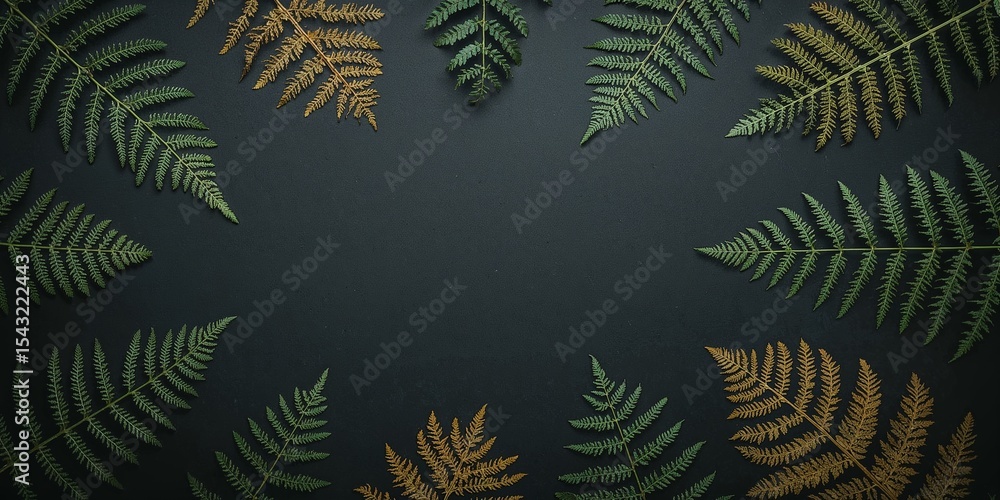 Poster fern leaves in green and gold arranged around a dark background creating a frame for text space